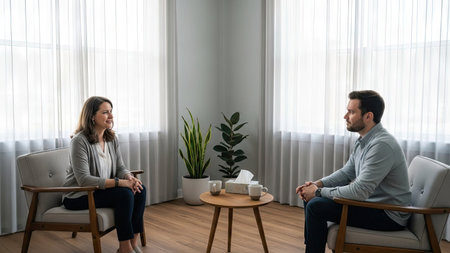 Two individuals are seated facing each other in a room, engaged in a discussion. The scene is lit by natural light filtering through sheer curtains. The composition showcases a neutral color palette, featuring minimalist furniture. Suitable for illustrations on psychology, mental health, or related editorial articles.の素材