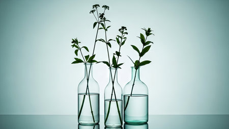 The image features three clear glass vases holding stems with green leaves against a light blue gradient background. The composition shows the vases arranged symmetrically, with delicate plant life. The lighting appears soft and diffused, creating a serene ambiance suitable for various design projects and visual content.の素材