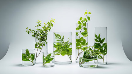 Various glass vases filled with water and vibrant green leaves are arranged. The image showcases a studio setting with soft lighting highlighting the botanical elements. The composition features diverse shapes and sizes, suitable for commercial projects needing fresh, natural imagery. The overall aesthetic is clean and minimalistic.の素材