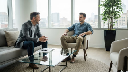 Two men engage in a discussion within a well-lit office setting, likely a business meeting or consultation. The scene features a sofa, chairs, and a glass table, suggesting a modern interior. Natural light streams in through a large window, providing illumination. Suitable for various business, communication, and professional scenarios.の素材