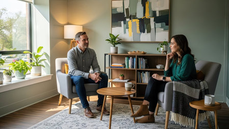 Two people are seated and engaged in a conversation within a softly illuminated indoor space. The setting features neutral tones, a cozy rug, and decorative elements. The scene suggests a relaxed atmosphere suitable for discussions, potentially for commercial or informational applications.の素材