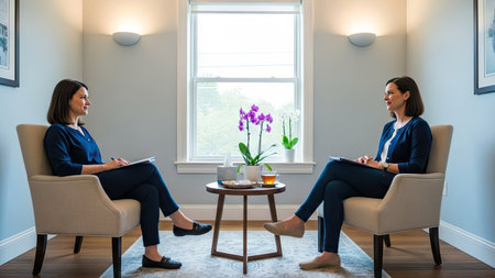 Two women face each other in a room, seated in armchairs. They are dressed in business casual attire. The setting features neutral-toned walls, a window, and a small table with a floral arrangement. Soft lighting and composition suggest a calm environment suitable for communication. This image may be used for commercial or editorial applications.の素材