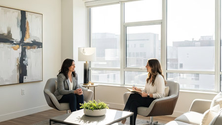 Two women are seated in armchairs engaged in a discussion near a large window, suggesting an indoor setting. The composition features a well-lit space with neutral tones, a painting, and a lamp. This image could be used for articles, advertising, or presentations, conveying a sense of professionalism and dialogue.の素材
