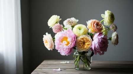 A beautiful bouquet of various colorful flowers, including roses and peonies, is displayed in a glass vase on a wooden table. The composition is set near a window, suggesting soft natural lighting. This arrangement could be used for decoration, design inspiration, or visual content.の素材