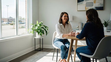 Two women are seated at a round table, seemingly engaged in a discussion. The interior setting features neutral walls, a window offering natural light, and a potted plant. Soft lighting and a composition that places emphasis on connection make this image suitable for various commercial and editorial applications.の素材