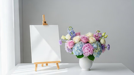 A colorful floral arrangement sits beside a blank artist's easel on a bright tabletop. The composition highlights pastel-toned flowers in a white vase. Natural light streams from the side, illuminating the subject and creating a soft ambiance. This image can be suitable for artistic, decorative, or design purposes.の素材