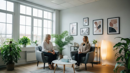 Two women are seated in armchairs, engaged in what appears to be a discussion. The room is brightly lit by a large window. The composition features a neutral color palette, natural light, and framed artwork. This image could be used for articles, advertising, or visual storytelling.の素材