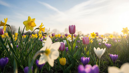 A diverse array of blooming flowers fills the frame, with vibrant yellow daffodils, purple tulips, and white blossoms prominent. The image displays a natural outdoor setting, bathed in warm sunlight. It can be utilized for various commercial purposes, including stock photography and editorial content.の素材