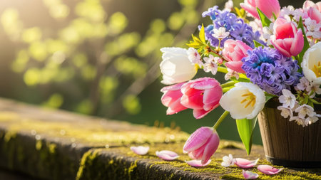 A close-up captures a diverse arrangement of flowers in full bloom. The composition features various colors, including pink, white, and purple blossoms. The lighting suggests a sunny day, with a soft focus background. This image is suitable for use in designs, illustrations, and various commercial projects.の素材