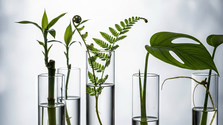 Several botanical specimens, including ferns and other leafy plants, are showcased inside clear glass tubes. The arrangement, bathed in soft lighting, highlights the vibrant green hues of the foliage. The image, suitable for editorial or commercial purposes, suggests themes of nature, science, and botanical study in an indoor environment.の素材