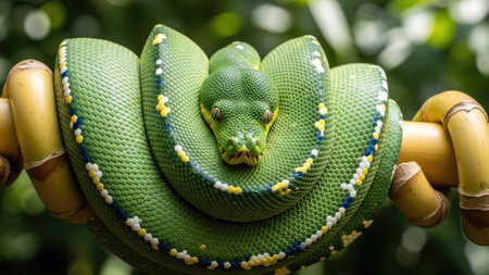 A close-up captures a bright green snake coiled around a bamboo structure. Its scales exhibit varied textures and color gradients. The composition uses natural light. This image could serve various uses, from educational content to illustrating wildlife themes.の素材