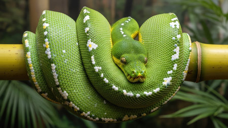 A striking green snake, possibly a python, is coiled around a bamboo branch. Its scales display detailed texture, accented by small white markings. The image uses a shallow depth of field, focusing on the snake. This image is suitable for various commercial uses, including illustrative or educational purposes.の素材
