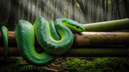 A striking image presents a bright green snake gracefully coiled around bamboo stalks. The artwork features rich green tones against the natural textures of the bamboo and a blurred forest background, enhanced by soft lighting. Suitable for illustrative or commercial applications, the image suggests an outdoor, natural setting.の素材