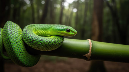 A striking green snake is coiled around a bamboo branch, its scales catching the light. The image showcases a naturalistic scene with a blurred forest background, emphasizing the snake's vivid color. This photograph could be used for educational materials or nature-themed projects, suitable for both commercial and editorial applications.の素材
