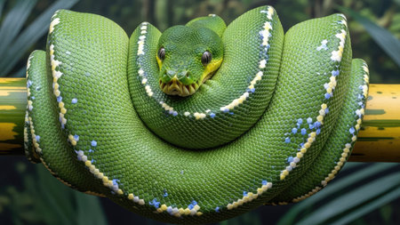 A close-up captures a coiled green snake resting on a bamboo perch. The reptile displays a textured, vibrant emerald skin with patterns. The composition features soft lighting and a blurred background suggesting a natural habitat. Suitable for various editorial and commercial applications.の素材