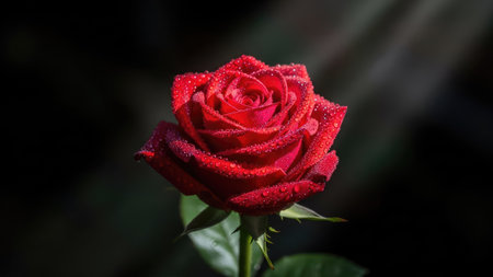 A close-up captures a single, radiant red rose. Water droplets cling to the petals, highlighting texture. The composition utilizes dramatic lighting, contrasting the flower with a deep, dark backdrop. Ideal for use in projects related to nature, beauty, or romantic themes, it's suitable for various commercial or editorial applications.の素材