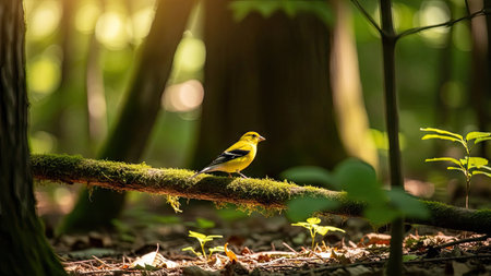 A striking yellow bird rests on a mossy branch within a sunlit forest. The image features a shallow depth of field, highlighting the bird's bright plumage against a backdrop of green foliage and tree trunks. The composition utilizes natural lighting and suggests an outdoor daytime setting suitable for various commercial purposes.の素材