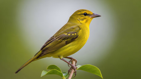 A vivid yellow bird is captured in a medium shot, perched gracefully on a thin branch. The avian subject displays yellow plumage with subtle markings, contrasting against a soft, blurred green backdrop. The lighting appears natural, highlighting the bird's form. This image is suitable for various commercial uses, including editorial and illustrative applications.の素材