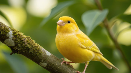 A bright yellow canary is captured perched on a tree branch, showcasing its plumage and natural posture. The background consists of soft green bokeh, suggesting an outdoor setting with diffused light. This image is suitable for various commercial applications, including stock photography and educational materials.の素材