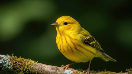 A striking yellow warbler is perched on a branch covered in moss. The bird is the focal point, exhibiting bright yellow plumage with subtle markings. The background features a soft, blurred green, possibly indicating a natural outdoor environment. This image is suitable for various commercial uses, including illustrations and educational materials.の素材