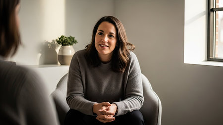 A woman sits in a chair indoors, engaging in conversation. She wears a grey sweater and smiles. The scene is bathed in natural light, with soft shadows. The composition may be suitable for illustrating therapeutic contexts, communication, and emotional support. It can be used in various commercial projects.の素材