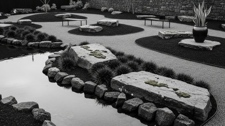 A grayscale image showcases a serene Zen garden featuring a water feature, carefully placed rocks, and meticulously arranged plants. The composition uses a unique overhead perspective, highlighting the geometric design of the garden. This image is suitable for various commercial uses, including website design, advertising, and editorial content.の素材