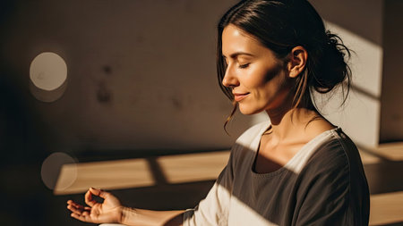 A woman is shown meditating indoors, bathed in warm sunlight. The image highlights a relaxed pose with closed eyes. The composition features a neutral color palette, soft textures, and natural lighting. This image could be used for wellness, health, and lifestyle-related projects.の素材