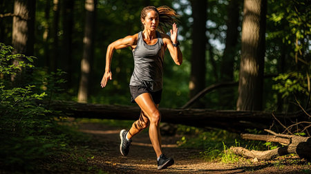 A woman runs along a trail through a wooded area. She is wearing athletic clothing. The image features a natural color palette. Sunlight filters through the trees creating a dynamic composition. It may be suitable for promotional materials related to fitness and wellness.の素材