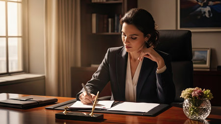 A woman sits at a desk, writing on paper in an office environment. The image features a dark suit, fair skin, and natural light from a window. The scene shows a professional setting with books, a desk, and a painting in the background. Suitable for business, finance, or corporate editorial applications.の素材