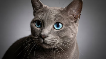 A close-up photograph displays a gray cat with piercing blue eyes. The cat's fur shows detailed texture, illuminated by soft lighting. The composition focuses on the animal's head and upper body, set against a blurred gray background. The image could be suitable for various commercial or editorial uses.の素材