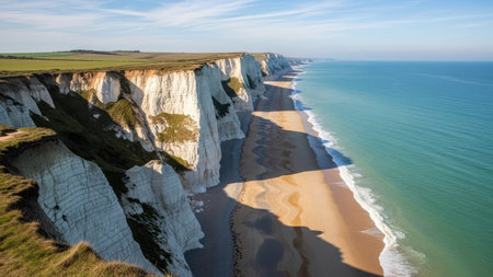 An aerial view presents a seaside landscape, showing high white cliffs alongside a calm turquoise ocean. The scene features a sandy beach at the base of the cliffs. The composition benefits from bright daylight. This image could be used for travel, nature, or environmental content.の素材