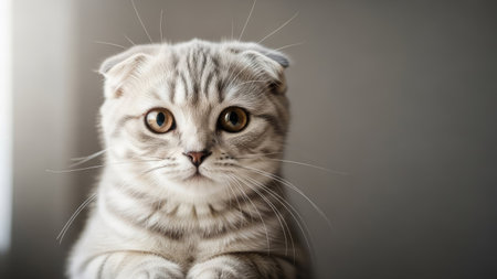 A close-up portrait showcases a Scottish Fold cat with distinctive folded ears. The feline features a soft, striped coat, brown eyes, and a neutral background. The composition highlights the cat's alert expression. Suitable for various uses, this image could be used for advertising, or editorial content.の素材