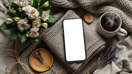 A smartphone with a blank screen rests atop a folded sweater alongside flowers and a cup of coffee. The composition includes a plate and some decorative elements. The scene presents a high-angle view, with warm lighting, ideal for suggesting comfort or relaxation. It might be suitable for lifestyle themes and product promotion.の素材