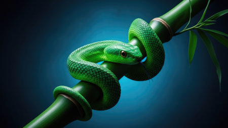 A vivid green snake is coiled around a bamboo stem, set against a dark, gradient background. The image showcases the snake's textured scales and the bamboo's smooth surface. The composition utilizes focused lighting to highlight details. Suitable for commercial or editorial applications, the image could be used for various projects.の素材