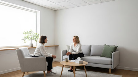 Two women are engaged in a conversation in a brightly lit room. They are seated, facing each other, with a coffee table between them. The scene is dominated by neutral colors. The environment suggests an indoor setting, and the image could serve various editorial or commercial purposes.の素材