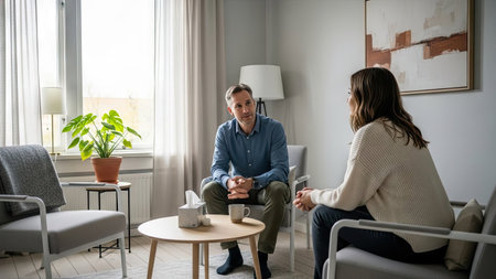 Two people are engaged in a conversation within a softly lit room, possibly for counseling. The scene features a man and a woman seated near a small table, a window offering natural light, and soft color tones. This image could be used in various commercial or editorial contexts, illustrating themes of communication and care.の素材