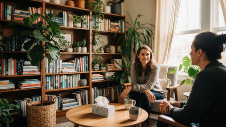 Two women are seated and engaged in conversation within a sunlit room. The scene features a large bookcase filled with books, and several potted plants. The warm lighting and natural setting suggest a calm and intimate environment, suitable for various editorial and commercial applications.の素材