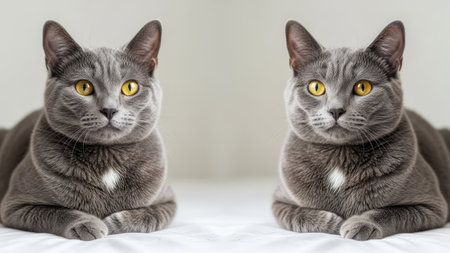Two domestic cats are featured side by side, showcasing grey fur and piercing yellow eyes. The lighting is soft, providing depth to the composition. This image could serve various purposes, from educational content to commercial applications. The background is a plain white.の素材