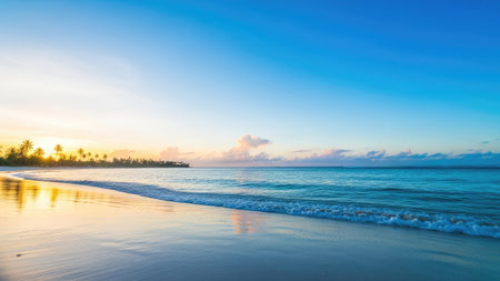 A serene beach scene depicts ocean waves gently lapping against a sandy shoreline. The image showcases a clear blue sky transitioning to a lighter hue near the horizon. Soft sunlight bathes the scene, highlighting the textures of the water and sand. This image could be used for travel, relaxation, or environmental concepts.の素材