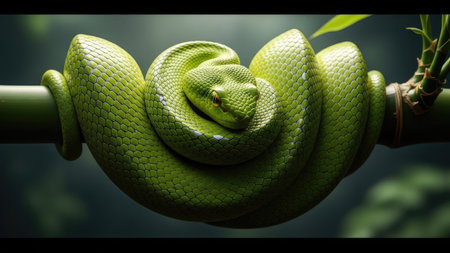 A vivid green snake is tightly coiled around a smooth, brown branch. The image highlights the reptile's detailed scales and vibrant color. The background is softly blurred, suggesting a natural environment. Suitable for use in educational materials, wildlife publications, or projects requiring an illustration of nature.の素材