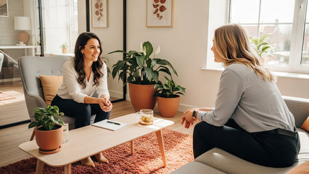 Two women sit and engage in a dialogue in a sunlit room. The scene features a neutral color palette, with soft textures and natural lighting. Potted plants add a touch of greenery. This image can be suitable for editorial and commercial applications such as articles or presentations.の素材