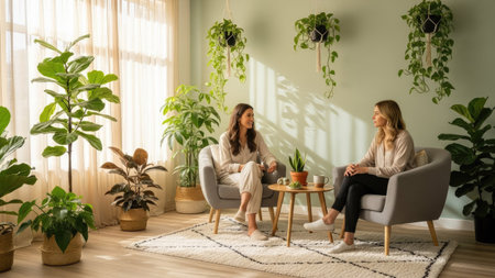 Two women are seated in a room, engaged in conversation near potted plants, bathed in sunlight. The scene features a neutral color palette with green accents and a bright, airy composition. The setting suggests a casual meeting or a relaxing environment, suitable for various lifestyle or wellness related visual projects.の素材