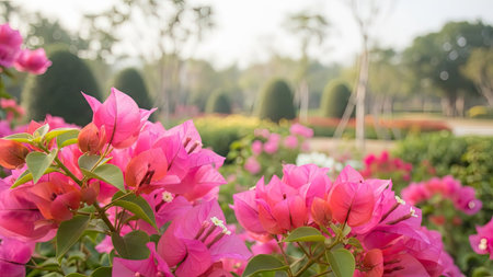 Close-up of bright pink bougainvillea flowers dominates the foreground. The composition highlights the vivid color against a blurred green backdrop. Soft sunlight bathes the scene, creating a sense of warmth. Suitable for use in various projects including editorial features and visual marketing material.の素材