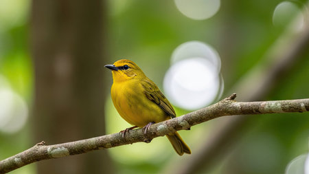 A small, yellow bird is perched on a slender branch, its form captured in sharp detail. The bird's bright plumage contrasts with the soft, out-of-focus green background. The image has a natural aesthetic with shallow depth of field. Suitable for various editorial and commercial applications.の素材