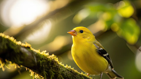 A bright yellow bird rests on a textured, moss-covered branch, bathed in warm sunlight. The image showcases natural colors and soft focus, with a composition that highlights the bird's form against a blurred background of green foliage. Suitable for various editorial and commercial applications.の素材