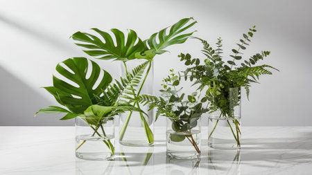 This image presents several different green plants and foliage stems arranged within clear glass vases. The leaves exhibit a vibrant green color, and the composition is set against a bright, neutral backdrop. The lighting suggests a natural, indoor setting. The image could be used for various commercial or editorial applications.の素材