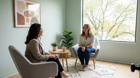 Two women are seated in a room, engaged in a conversation. The scene features soft, natural lighting, illuminating the neutral-toned decor. The composition is balanced with a focus on human interaction. Suitable for editorial and commercial use, this image could be used for articles or marketing materials.の素材