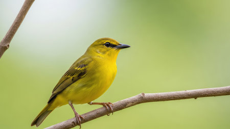 A small, yellow bird is seen resting on a slender branch, set against a blurred green backdrop. The bird exhibits detailed plumage and a dark beak. The image is brightly lit, with soft focus creating depth. This photograph could be used for various projects needing a touch of nature.の素材