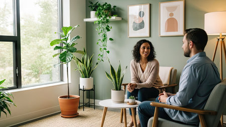 Two individuals engage in a seated conversation within a room filled with natural light. The scene features lush green plants, neutral color walls, and artwork. The lighting appears soft and diffused, highlighting the subjects. This image could be used for various purposes including health, counseling, lifestyle content, or interior design.の素材
