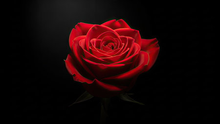A close-up captures a radiant red rose, its petals meticulously detailed. The flower is set against a dark background, emphasizing its color and texture. Soft lighting highlights the bloom's structure. This image could be suitable for various commercial or editorial applications such as floral arrangements or romantic themes.の素材